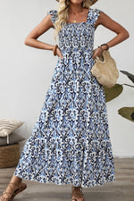 Smocked Printed Square Neck Dress