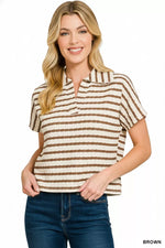 Zenana Striped Split Neck Collared Top