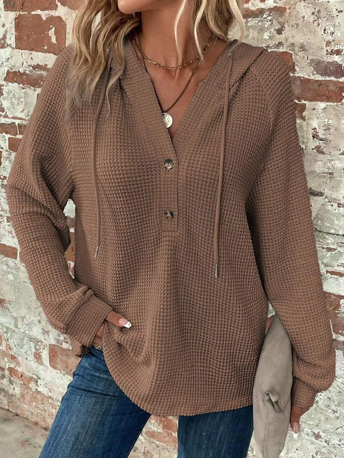 Waffle Knit Long Sleeve Drawstring Hooded Top - Ladyez
