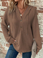 Waffle Knit Long Sleeve Drawstring Hooded Top - Ladyez