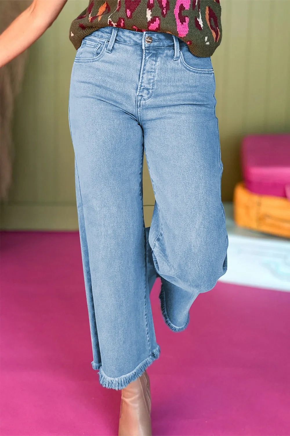 High-Waisted Wide Leg Frayed Hem Jeans - Ladyez