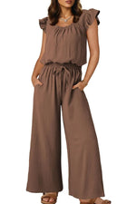 Ruffled Cap Sleeve Wide Leg Jumpsuit - Ladyez