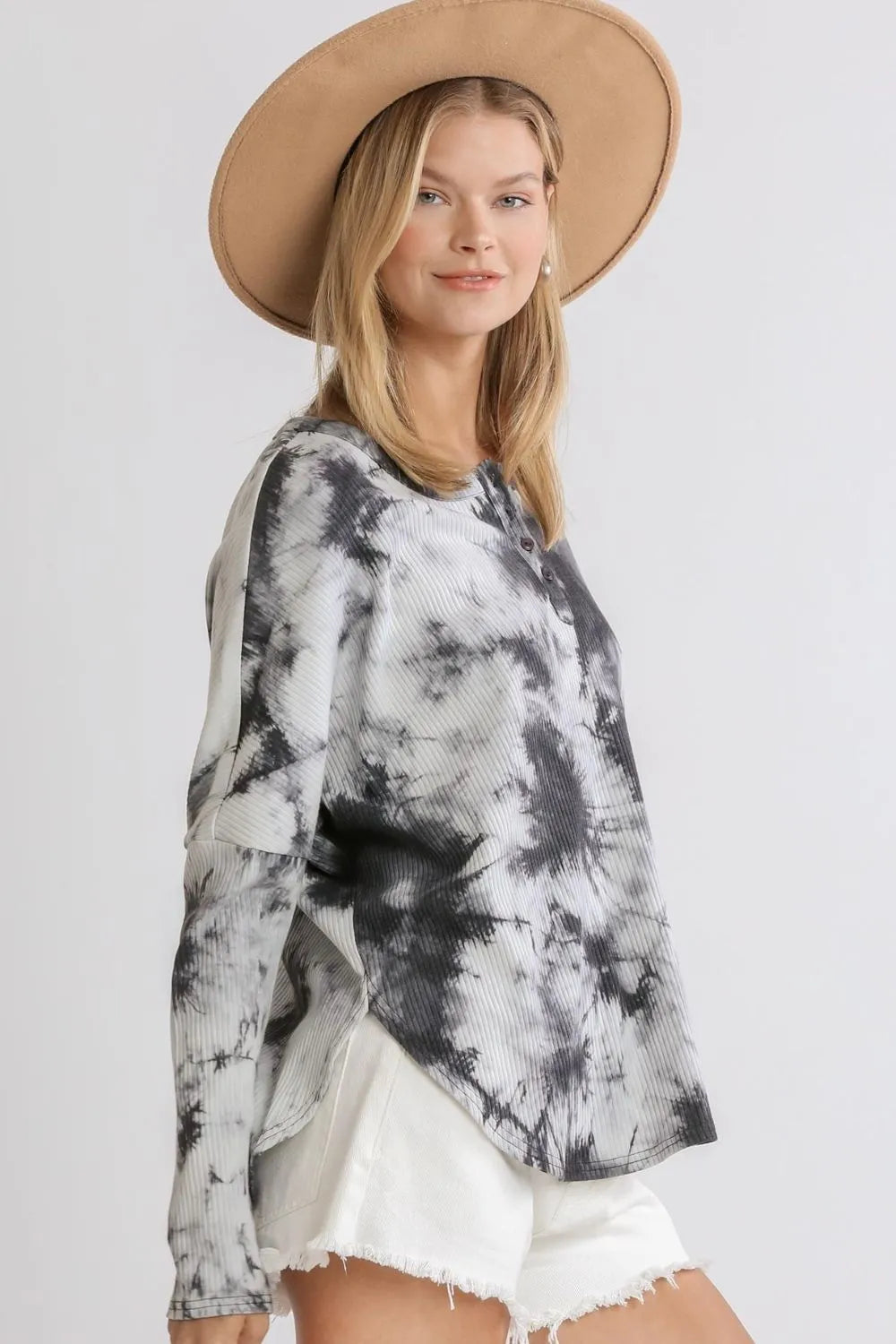 Umgee Full Size Tie Dye Round Neck Ribbed Button Front Top Plus Size