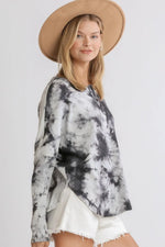 Umgee Full Size Tie Dye Round Neck Ribbed Button Front Top Plus Size
