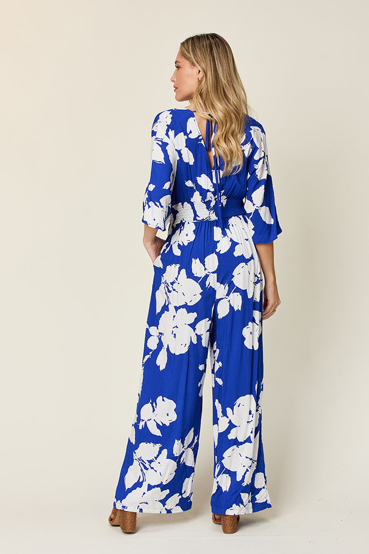 Double Take Full Size Printed Tie Back Wide Leg Jumpsuit - Ladyez