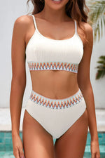 Textured Contrast Banding Bikini High Waist 2pcs Swimsuit - Ladyez