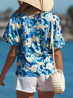 Floral Print Short Puff Sleeve V Neck Blouse