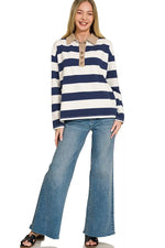 Zenana Striped Contrast Collar Polo Tee