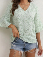 Floral Print V-Neck Bell Sleeve Blouse