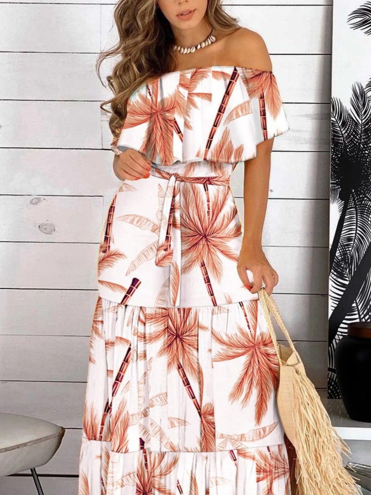 Printed Off Shoulder Maxi Dress - Ladyez