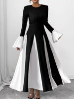 Contrast Round Neck Flare Sleeve Maxi Dress