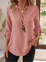 Casual Notched Roll-Up Sleeve Pocket Blouse