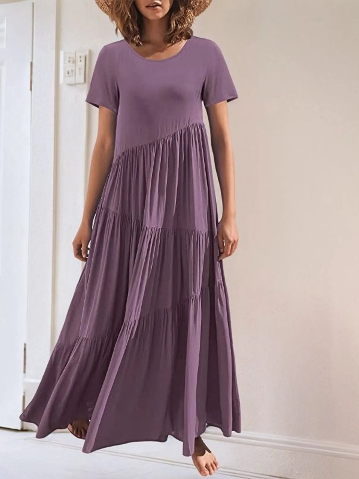 Round Neck Tiered Ruffle Maxi Dress - Ladyez