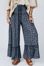 Leopard Print Frilled Detail Drawstring Wide Leg Pants