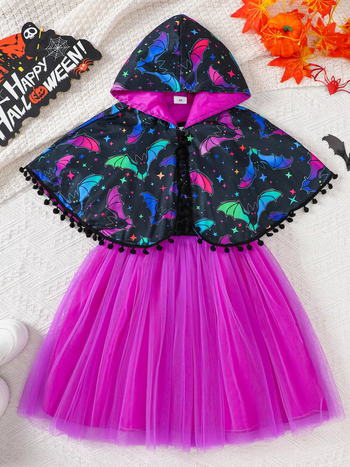 Children's Halloween Bat Print Hooded Cape and Tulle Dress Set