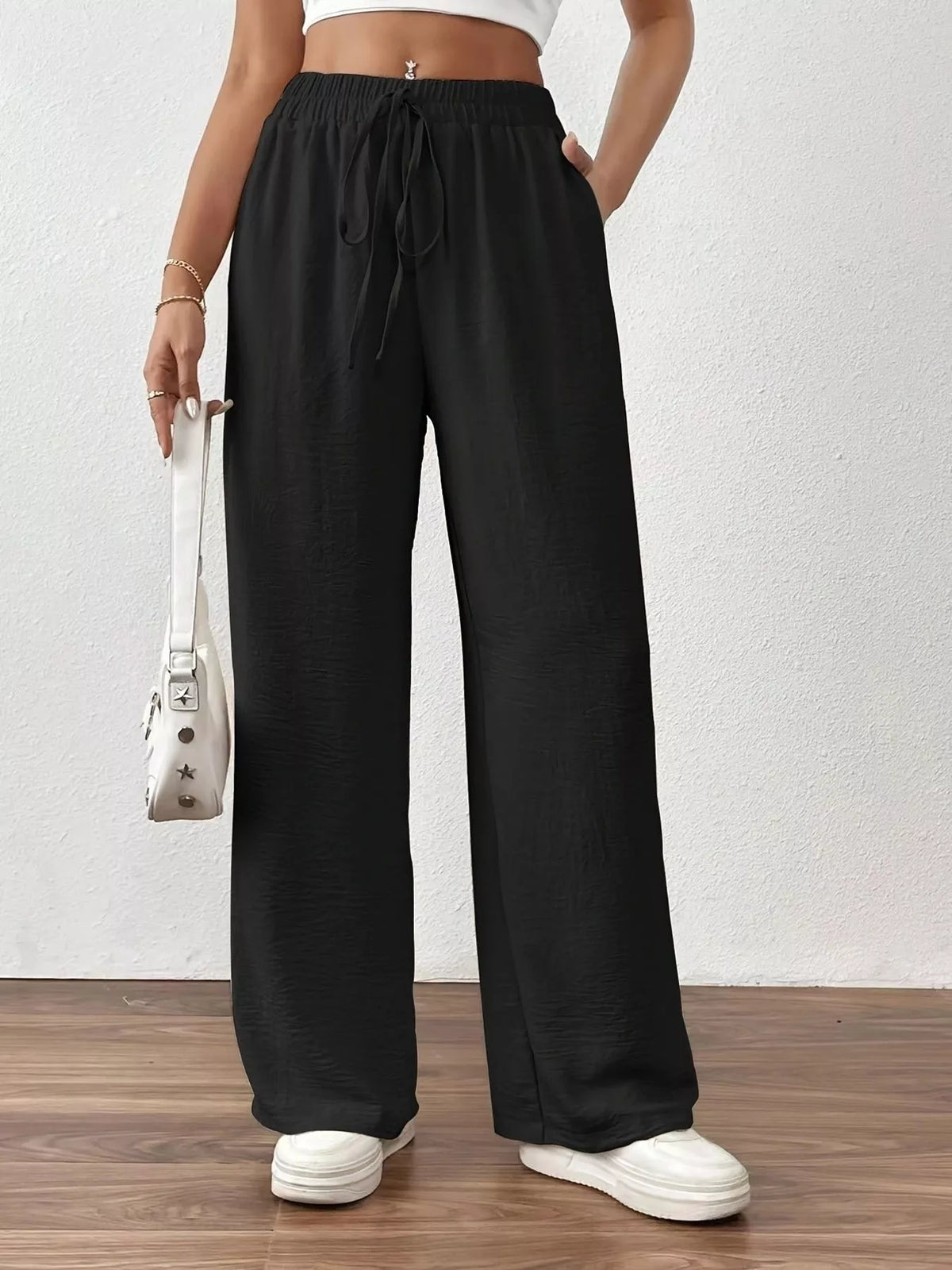 Casual Drawstring Wide Leg Pants