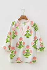 Floral Print Notched Ruffled Sleeve Blouse