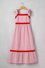 Stripe Bow Knot Straps Contrast Trim High Waist Ruffle Hem Maxi Dress