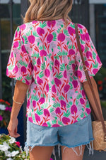 Floral Print Short Sleeve Contrast Patchwork Tassel Tie Blouse