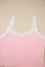 Ribbed Knit Lace Straps Patchwork Lettuce Hem Cropped Top Floral Short Lounge Set