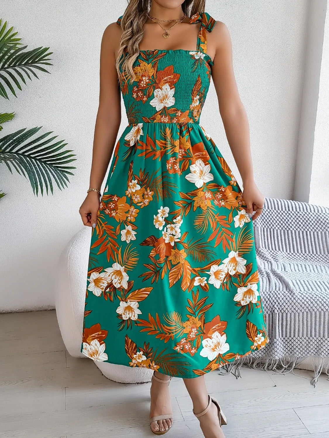 Smocked Floral Tie Shoulder Midi Dress - Ladyez