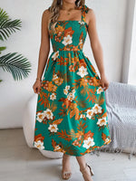 Smocked Floral Tie Shoulder Midi Dress - Ladyez