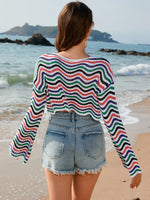 Striped Boat Neck Long Sleeve Cover Up - Ladyez