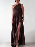 One-Shoulder Pleated Slit Maxi Dress
