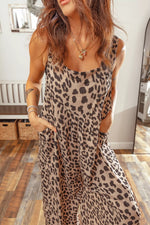 Leopard Print Square Neck Pleated Wide Leg Jumpsuit