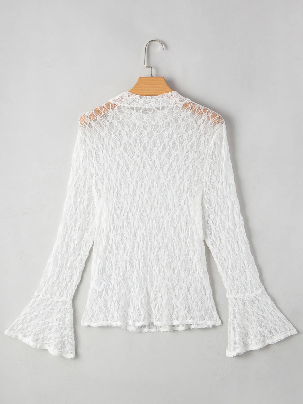 Sheer Lace Bell Sleeve Mock Neck Blouse