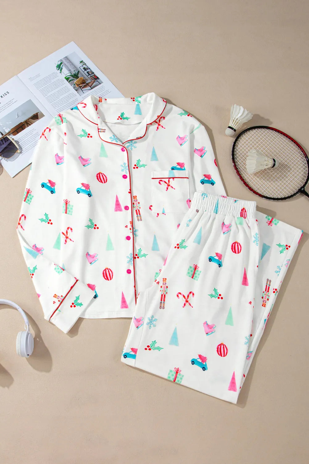 Printed Collared Neck Long Sleeve Top and Pants Lounge Set - Ladyez