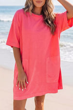 Coral Paradise Drop Shoulder Loose Casual T Shirt Mini Dress