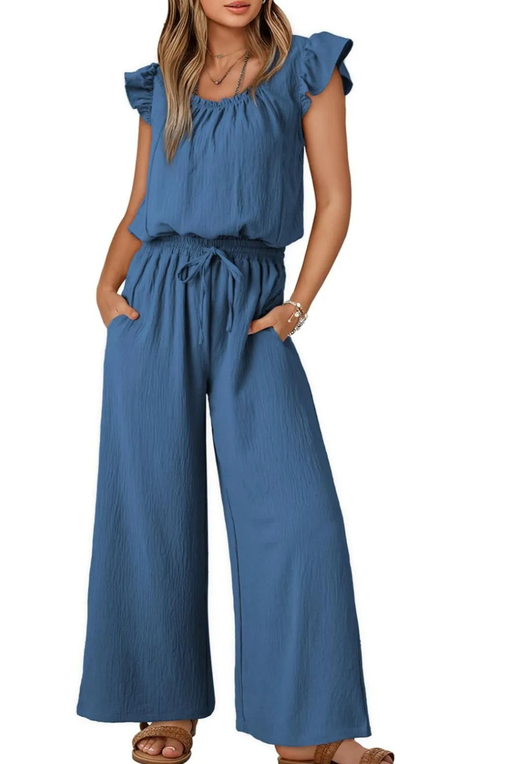 Ruffled Cap Sleeve Wide Leg Jumpsuit - Ladyez