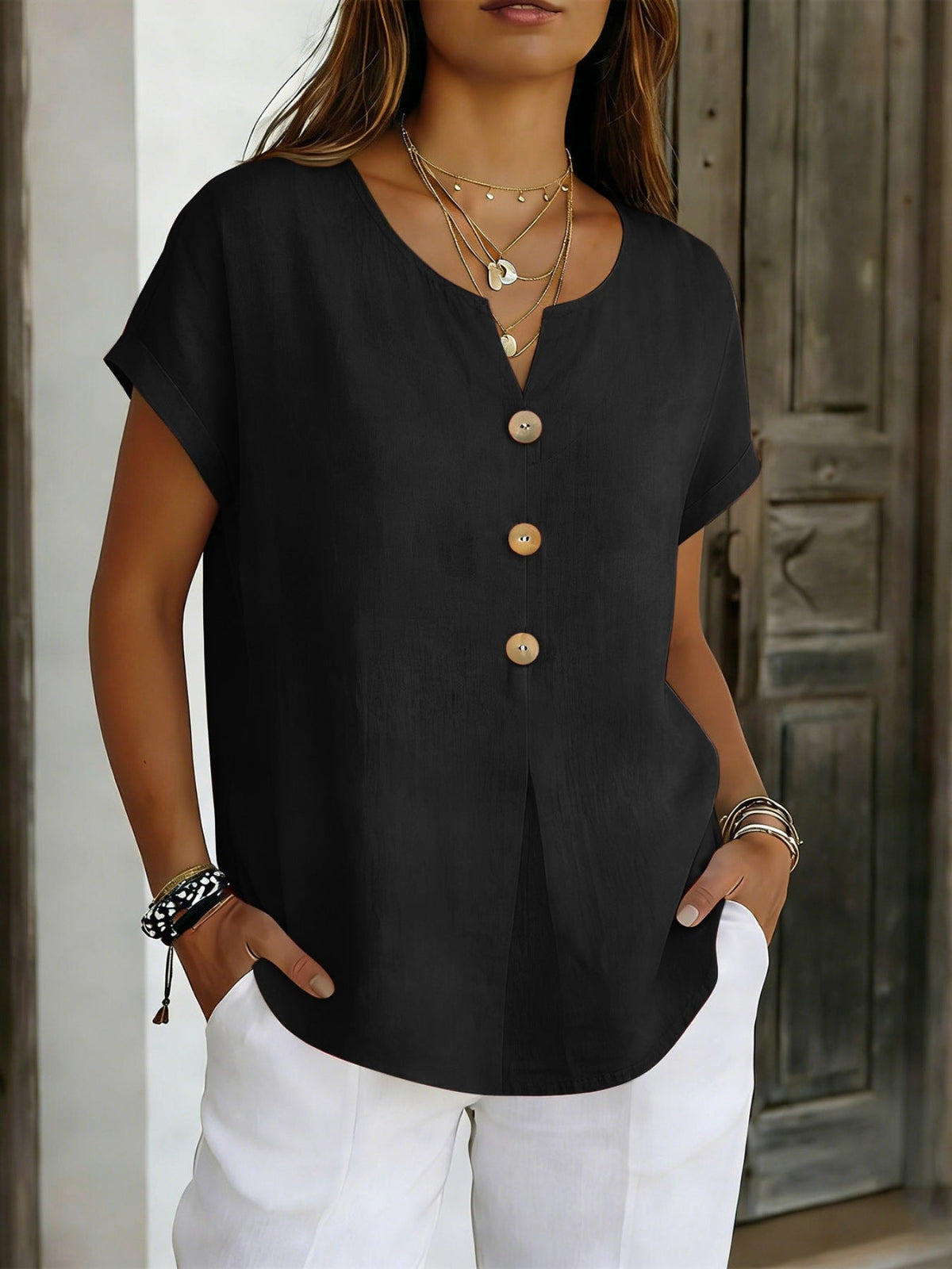 Decor Button Short Sleeve Blouse