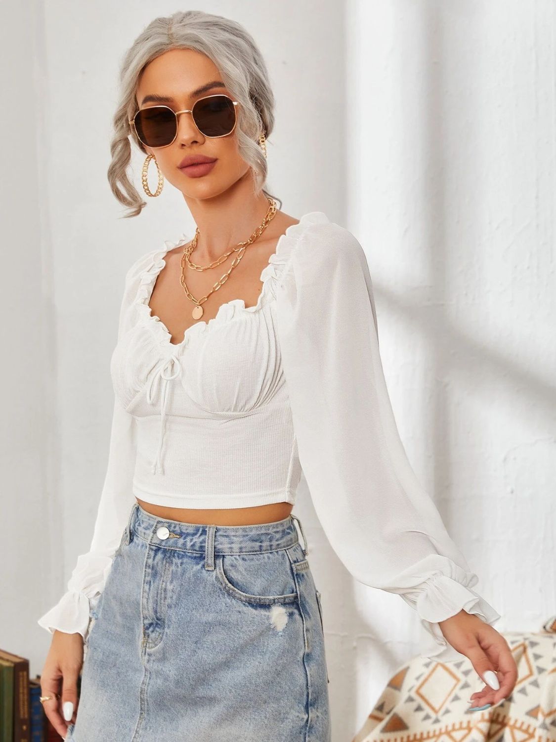 Mesh Sweetheart Neck Flounce Sleeve Top - Ladyez