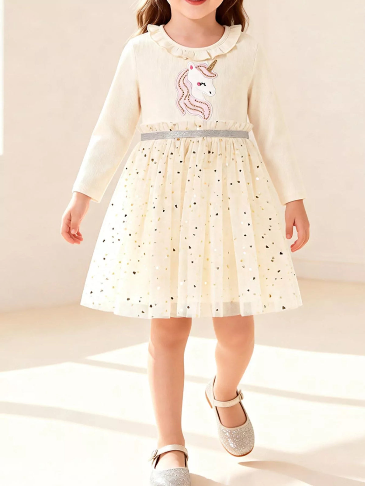 Children's Unicorn Applique Ruffle Trim Tulle Dress