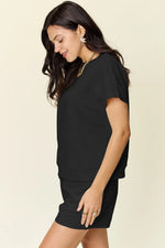 Double Take Full Size Texture Short Sleeve T-Shirt and Drawstring Shorts Set - Ladyez