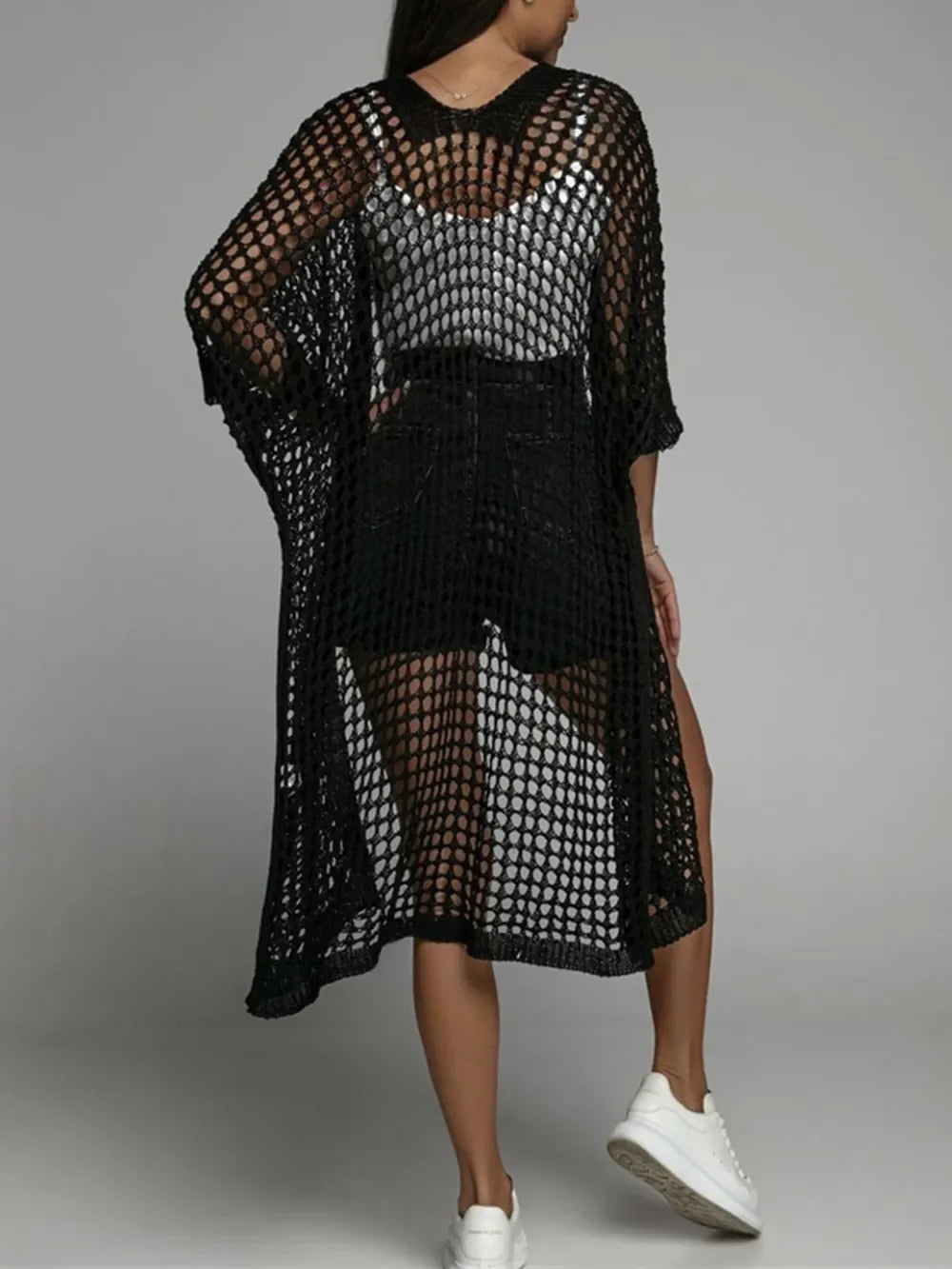 Openwork Open Front Three-Quarter Sleeve Cover Up