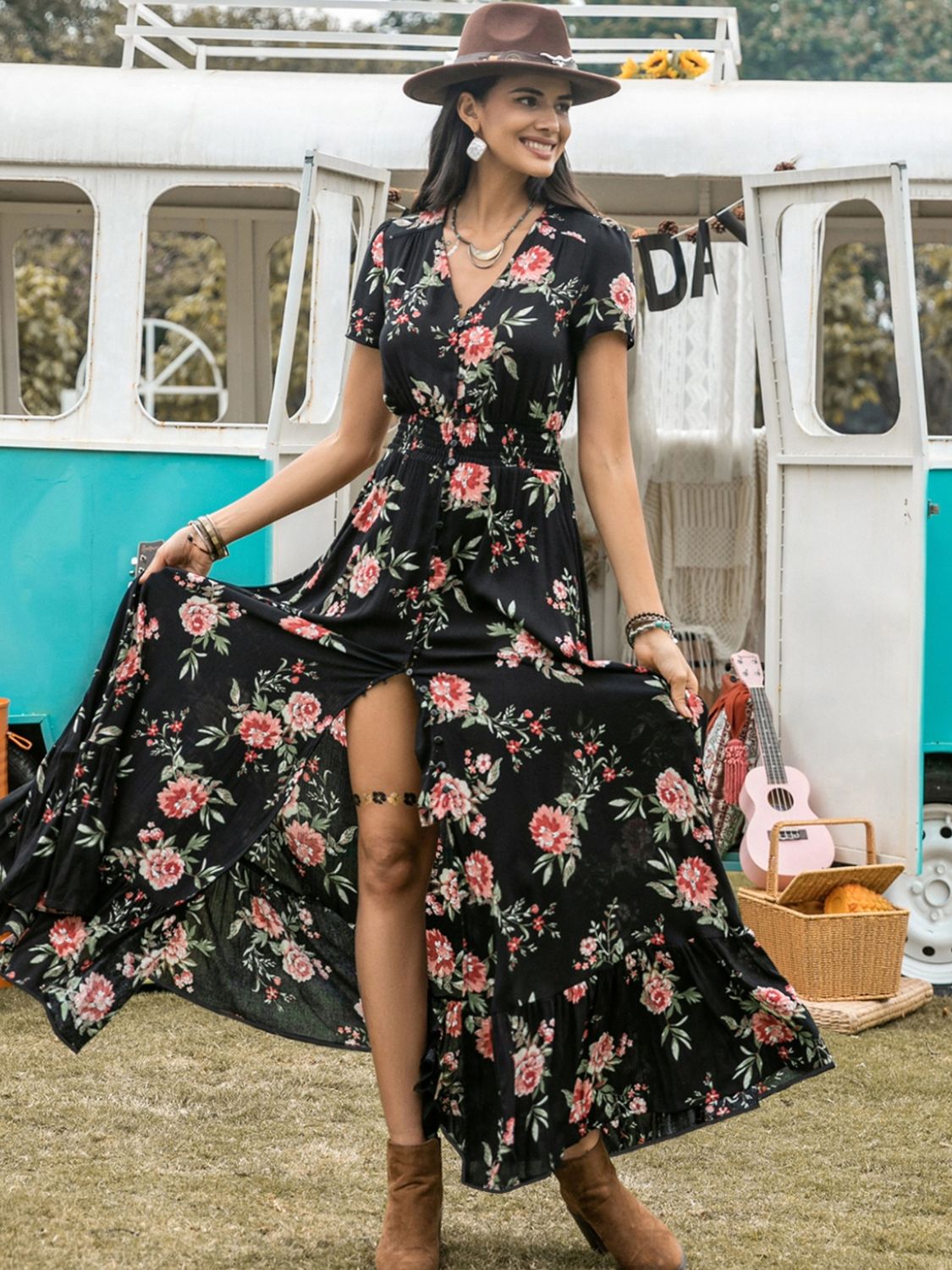 Split Printed V-Neck Short Sleeve Dress - Ladyez