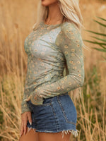 Floral Print Mesh Long Sleeve Top