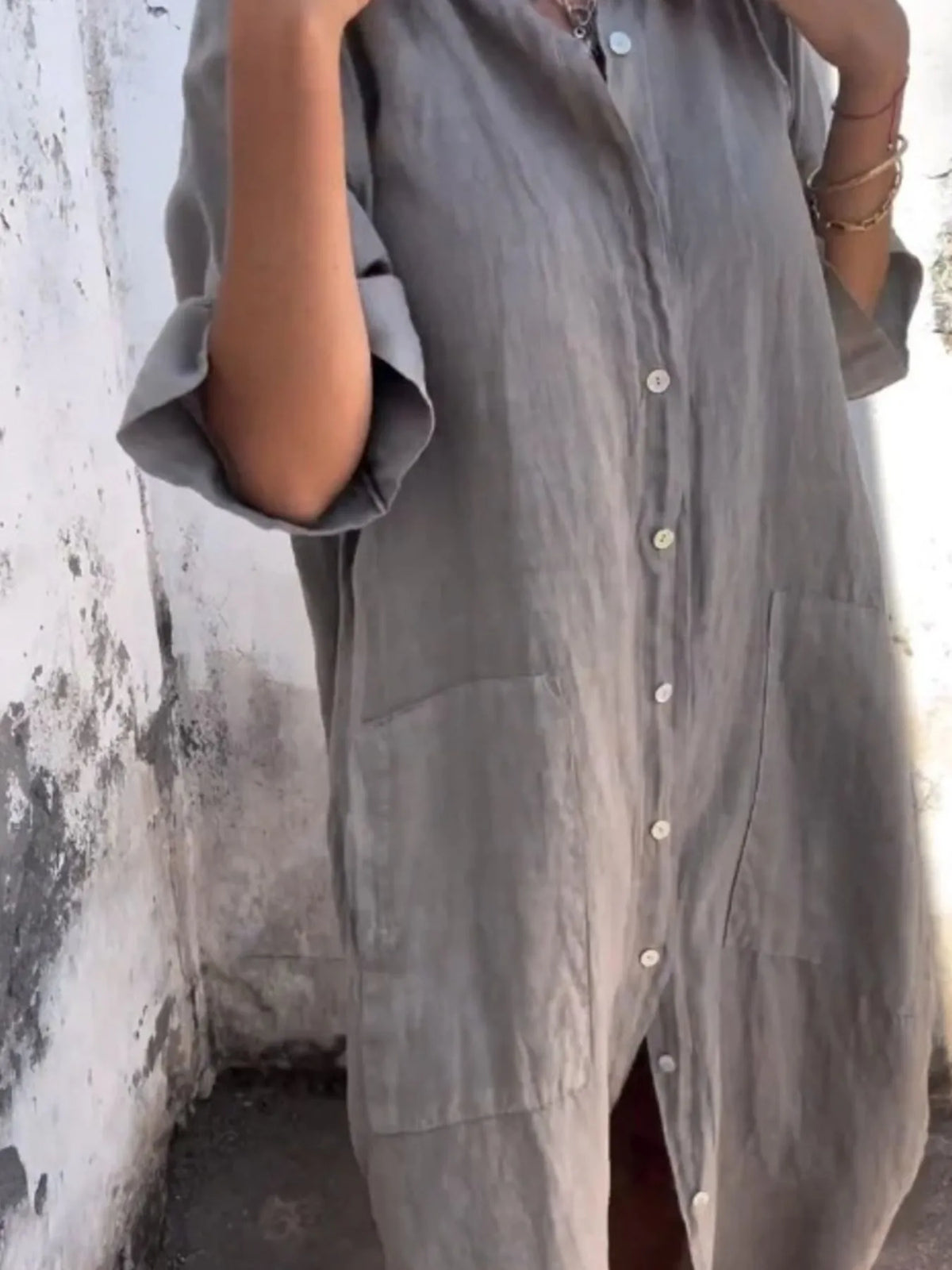 Full Size Casual Linen Button-Down Shirt Dress Plus Size - Ladyez