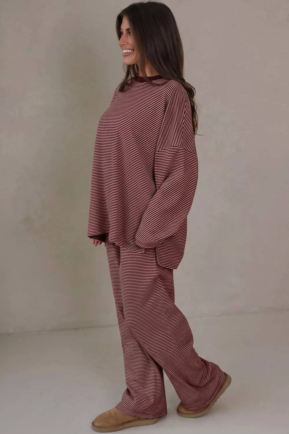 Striped Long Sleeve Top and Wide Leg Pants Set