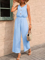 Sleeveless Button-Front Wide Leg Jumpsuit