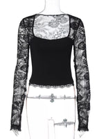 Sheer Lace Sleeve Square Neck T-Shirt