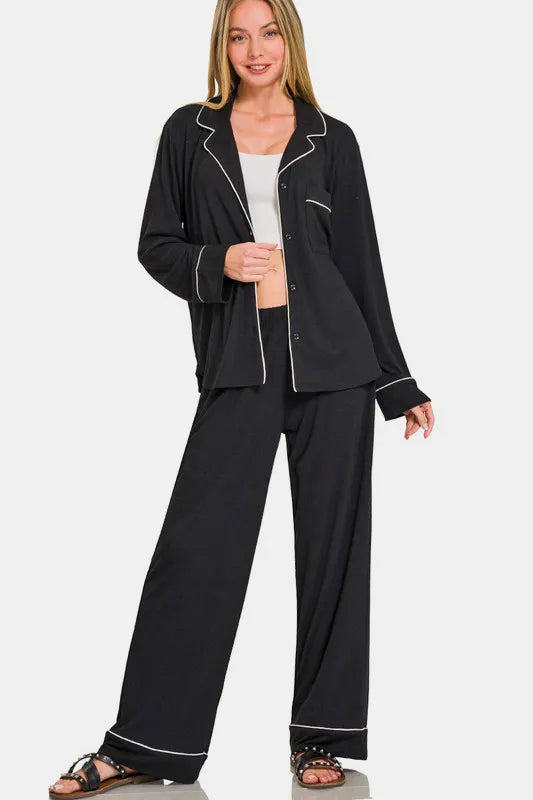Zenana Button Down Long Sleeve Top and Pants Lounge Set - Ladyez