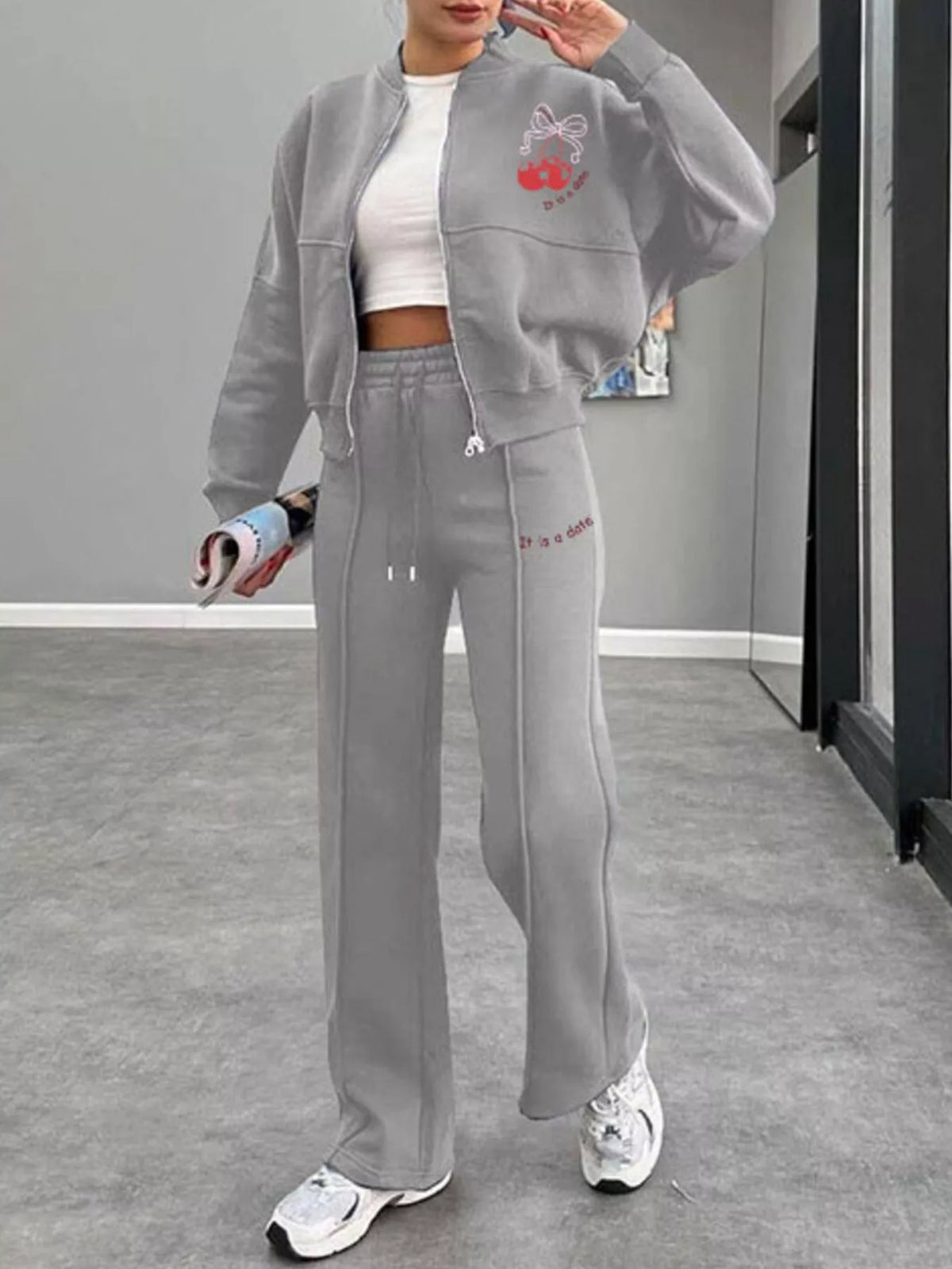 Zip Up Dropped Shoulder Outerwear and Pants Set