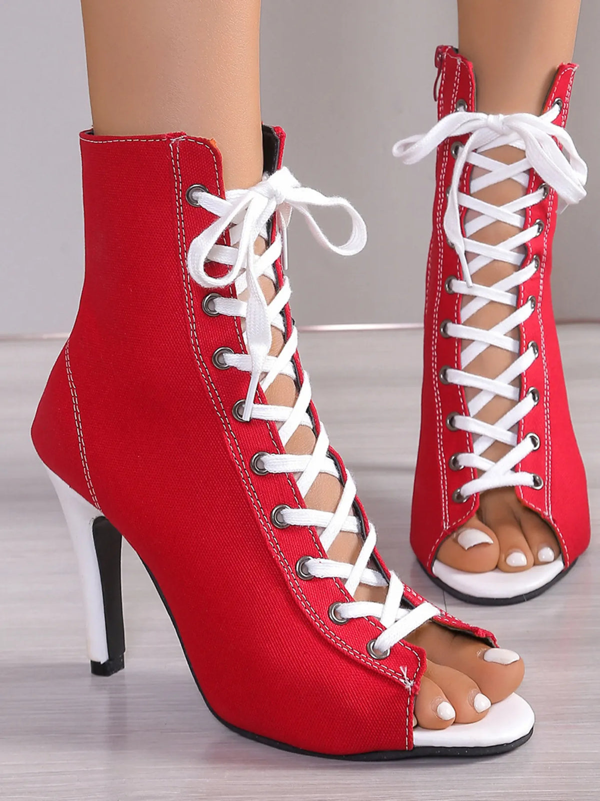 Canvas Lace-Up Peep Toe Stiletto Ankle Boots - Ladyez