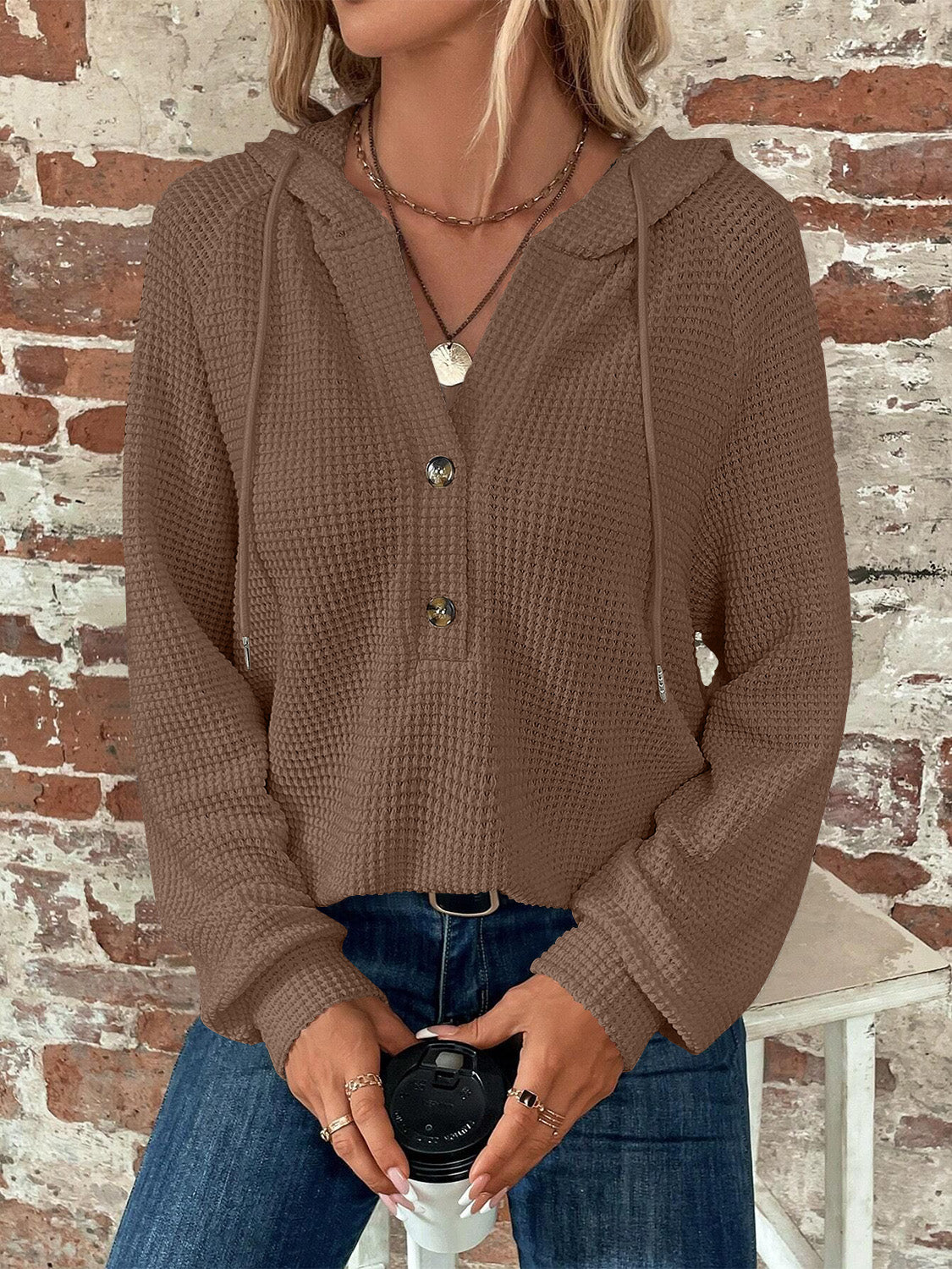 Waffle Knit Long Sleeve Drawstring Hooded Top - Ladyez