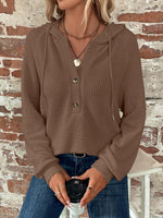 Waffle Knit Long Sleeve Drawstring Hooded Top - Ladyez