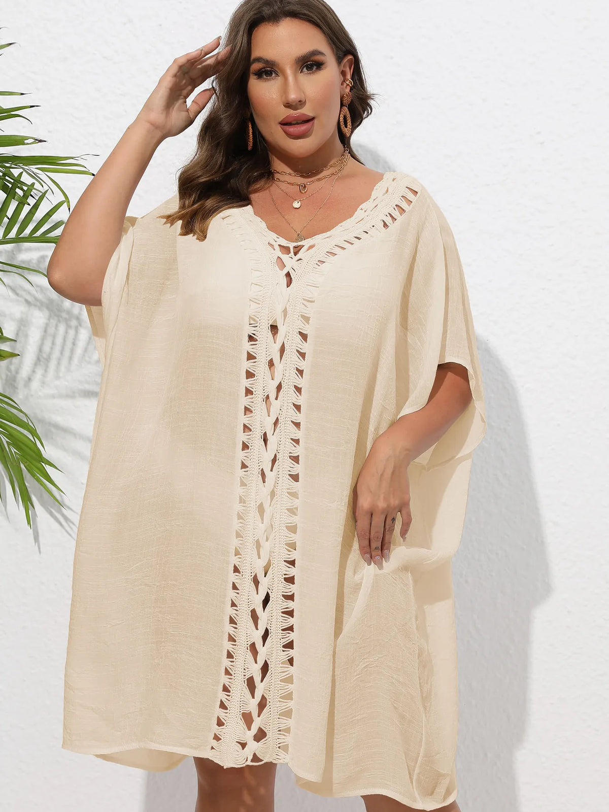 Crochet Trim V-Neck Beach Cover Up Dress - Ladyez